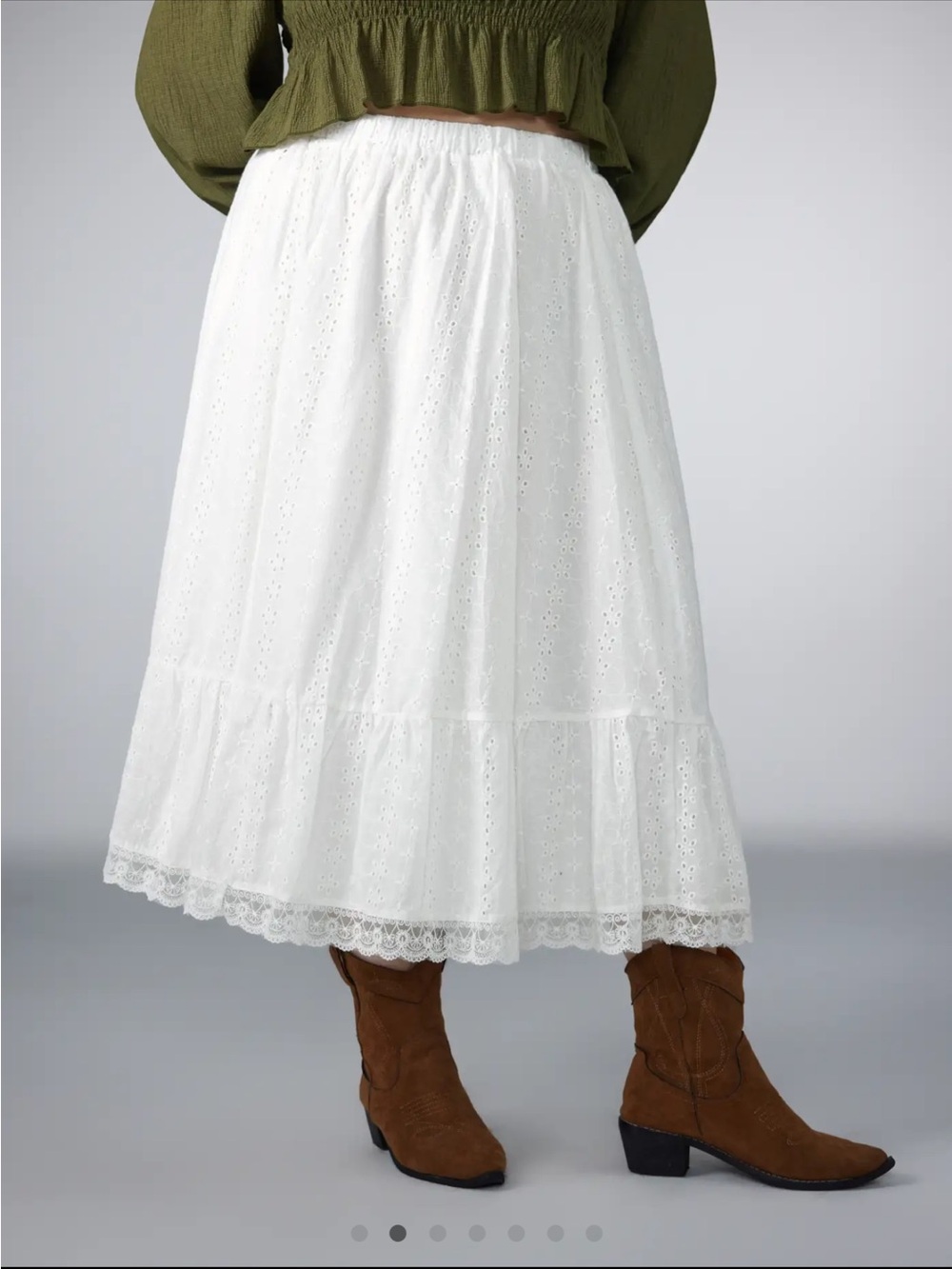 Cider Curve White Eyelet Midi Skirt
